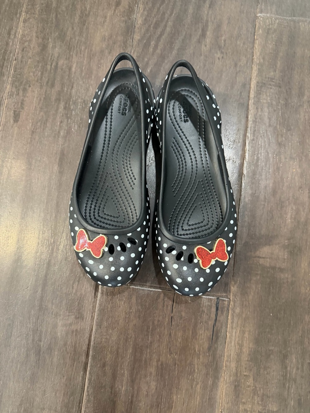 CROCS Black Polka Dot Slingback Flats with Red Bow Accents